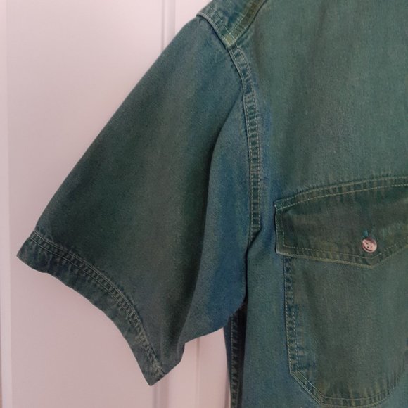 Vintage World Island Denim Button Up Short Sleeve Shirt with Green Dye Size L - Picture 6 of 15
